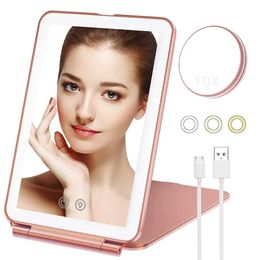 Compact Mirrors Folding LED Mirror Touch Screen Makeup Mirror 3 Colours Light Modes Cosmetic Mirrors USB Rechargeable Foldable Makeup Mirror 231128