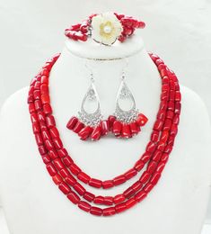 Necklace Earrings Set Unique 3 Layers Of Natural Red Coral Bracelet African Bride. Jewellery