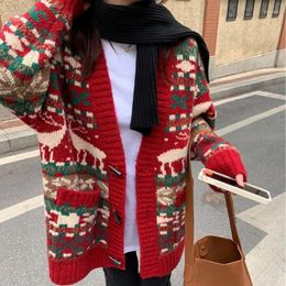 Women's Knits V Neck Christmas Sweater Women Contrast Color Cardigan Female Arrival Single Breasted Long Sleeve Casual Loose Knitwear