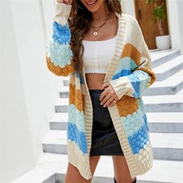 Women's Knits Vintage Striped Cardigan Textured Sweater Long Sleeve Knitted Sweaters Women Contrast Color Jersey Autumn Winter Outfit