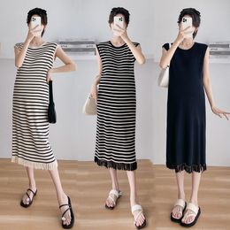 Maternity Dresses Summer Striped Knitted Maternity Long Dress Casual Loose Straight Clothes for Pregnant Women Pregnancy Tasseled sleeveless dress 230428