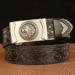 Belts High Quality Men's Lion Design Alloy Buckle Split Leather Belt Emboss Cow Leather Belt Men Jeans Casual Pants Accessories Must; 231128