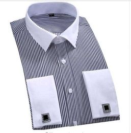 Men's Dress Shirts Men's Luxury French Cuff Striped Dress Shirts Patchwork Plaid Long Sleeve Button Down Slim Fit Formal Shirt Camisa Masculina P230427