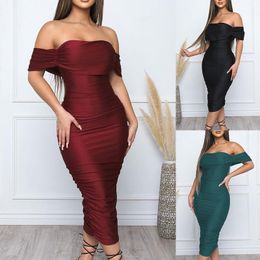 Casual Dresses 2023 Spring Festival Party Dress Off Shoulder Ruched Skinny Short Sleeve Solid Elegant Ball Gowns Fashion Women Sexy Robes