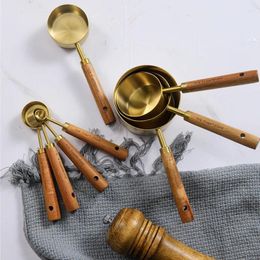 Measuring Tools Stainless Steel Cup Spoon Acacia Wooden Handle Kitchen Baking Tool Mixing Scale Set