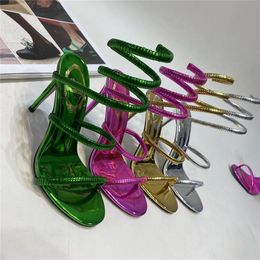 New Metal Mirror Surface Ankle Wrap Strap Sandals 2023 Summer Sexy Womens Banquet Stilettos High Heels Big Size 43 44 45 46