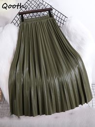 Skirts Qooth Women Autumn Midi PU Faux Leather Pleated Skirt Elegant Vintage Elastic High Waist Long A-line Skirt QT1907 230428
