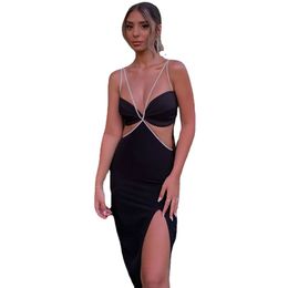 Sexy Prom Dress Black V Neck Sleeveless Midi Prom Gown Backless Thigh Slit Tea Length Summer Mermaid Formal Party Dresses
