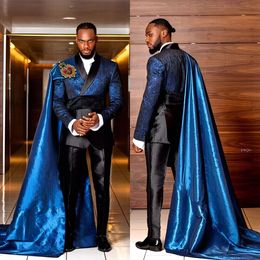 Men's Royal Blue Satin Pants Suits With long Cape Fashion Formal Party Wear 3 Pieces Wedding Tuxedos