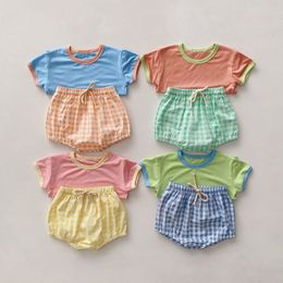 Rompers Baby Girls Clothes Sets Summer Short Sleeve Patchwork Tshirt Plaid Elastic Waist Shorts born Boys Clothing 230427