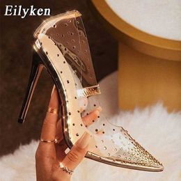 Sandals EilyKen 2023 Spring Golden Rhinestone PVC Transparent Women Pumps High Heels Sexy Pointed Toe Party Wedding Shoes Size 41 42 J230428