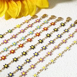 Charm Bracelets 304 Stainless Steel Enamel Daisy Flower Double-sided Charms Gold Color Chain Bracelet For Women 18.5cm(7 2/8") Long