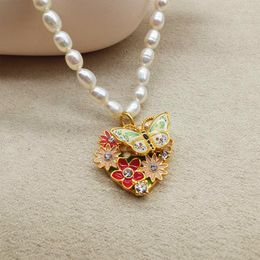 Pendant Necklaces Sun Flower European Simple Freshwater Pearl Enamel Color Butterfly Love Necklace Floral Vintage Collarbone Chain