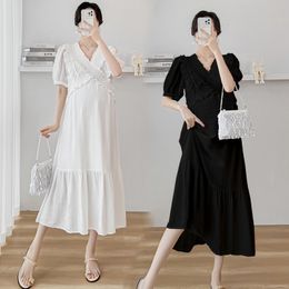 Maternity Dresses 8516# Summer Korean Fashion Maternity Long Dress Ruffle Across V neck A Line Slim Clothes Stylish Pregnancy Clothing 230428