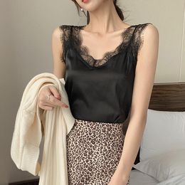 T-Shirt White Lace Tank Tops Women 2021 Summer Women's Satin Summer Tops For Women 2021 Black V Neck Basic Sleeveless Female Silk Top