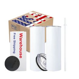 USA CAN Warehouse 2 Days Delivery 20oz Sublimation Mugs Tumbler Stainless Steel Insulated Termos Cups With Plastic Straw And Lid