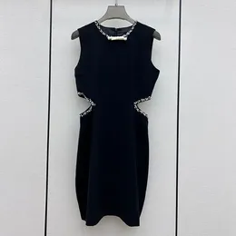 Casual Dresses Miu Style Black Sleeveless Dress With Diamond Celebrity Temperament Open Waist Sexy Slim Little Summer