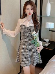 Casual Dresses Spring Autumn Black Plaid Polo Collar Shirt Dress Women Chic Ruffled Sexy Mini Robe 2023 Korean Elegant Office Lady
