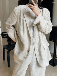 Women's Suits 2023 Summer Texture Lazy Linen Sunscreen Suit Jacket Women Striped Loose Cool Casual Blazer Female BF Style Apricot