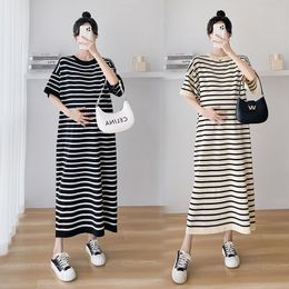 Maternity Dresses 1021# Summer Striped Knitted Maternity Long Dress Casual Loose Straight Clothes for Pregnant Women Pregnancy Ice Cool 230428