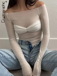 Women's T Shirts Elegant Off Shoulder Ruched Knit Tops For Women Fashion Spring Summer Long Sleeve Club Party Solid T-Shirt