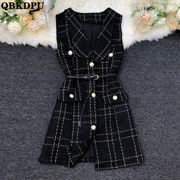 Parkas Belt Pearls Vintage Plaid Tweed Vest Women Elegant Korean Gilet Sping Sleeveless Jacket Luxury Midlength Coat Fashion Chalecos