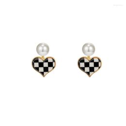 Dangle Earrings 925 Silver Needle Fashion Simple Love Ladies Net Celebrity Trendy Black And White Plaid Female Pearl