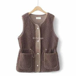 Waistcoats Lamb Wool Vest Women's Highend Singlebreasted Commuter Round Neck Casual Autumn and Winter Outer Wear Waist Sleeveless Jacket