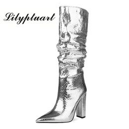 Boots European and American Style Thick Heel Fold High Side Zipper Women's Silver Large Size Shoes Winter 231128