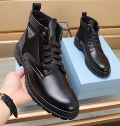 Wintry Brand Men Monolith Ankle Boots Black Brushed Leather & Nylon Lace-up Technical Rubber Sole Booties Gentleman Combat Boot Gentleman Walking EU38-45