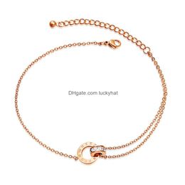 Anklets Fashion Double Rings Zircon Anklets Women Designer Rose Gold Roman Number Foot Chain Titanium Steel Jewelry Gifts For Female D Dhs0K