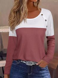Women's T Shirts 2023 Autumn Winter Color Block Button Long Sleeve Blouse Women Casual Loose Elegant Gorgeous Extraordinary Simple Style