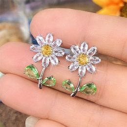 Stud Earrings 2023 Women Daisy With Green Leaf Yellow Flower Fancy Ear Accessories For Party Luxury CZ Trendy Jewelry