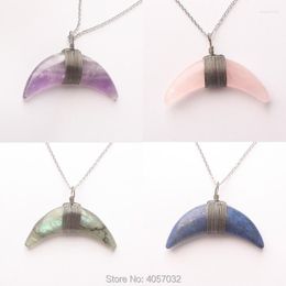 Pendant Necklaces Labradorite Amethysts Opalite Lapis Lazuli Rose Pink Quartz Bead Moon Horn Double Sided Winding 1PCS