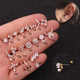 New Ear Stainless Steel Piercing Stud Earring Jewellery Cubic Zircon Earrings Female Flower Earbone Nails Earring Studs Gold Anti-allergy Piercing Earnail Wholesale