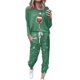 Women's Two Piece Pants Long Sleeve Suit Christmas Red Wine Glass Printed Round Neck Solid Casual Set Drawstring With Pockets