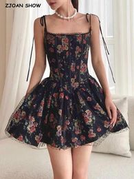 Casual Dresses 2023 Sexy Women Black Flower Print Spliced Mesh Bra Corset Style Mini Dress Slim Waist Party Skater Bow Lacing Up Sling Robe