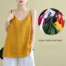 Women's Tanks Summer Top Cotton Linen Spaghetti Strap Women Halter V Neck Basic Yellow Sleeveless Tank Tops Loose Casual Camis