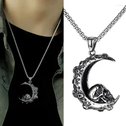 Pendant Necklaces Cool Halloween Gothic Moon Skull Men's Necklace Punk Stainless Steel Skeleton Thing Hiphop Waterproof Fashion Jewellery