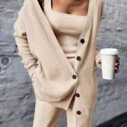 Women's Two Piece Pants Casual Loose Autumn/Winter 2023 Knitted Long Sleeve V-Neck Solid Coat Tank Top Fashion Three Set