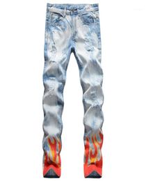 Spring Jeans Pants Men Big Size 42 Party Club Masculina Hip Hop Red Flame Digital Print Slim Fit Straight Men039s7528354