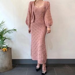 Two Piece Dress ly arrived fashionable winter knit set for women OL temperature professional single breasted jacket and a twopiece long dress 231128