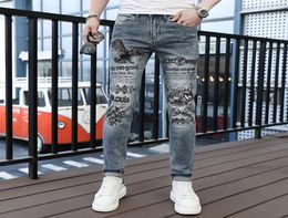 2022 Summer New Fashion Men039s Jeans Korean Slim Eagle Printing Diamonds Sequins Design Pants Elastic Straight Tube Multi 4876592