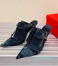 High-heel Denim Mules Slippers Slides Sandals stilletto heels women's luxury designers leather outsole Evening Party shoes factory footwear