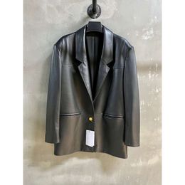 2023 Autumn/winter New Designer Luxury Sheepskin Flip Collar Wide Edition Two Button Boyfriend Style Suit Mid Length Leather Coat for Women