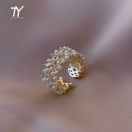 Band Rings High Quality Pearl Zircon Gold Color Rings For Woman 2022 New Fashion Korean Jewelry Luxury Party Adjustable Unusual Girl's Ring Z0428