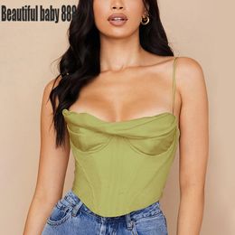 T-Shirt Meqeiss 2022 Satin Corset Top Spaghetti Strap Lining Cowl Neck Boning Padded 2Layer Backless Zipper Bustier Sexy Crop Tops Women