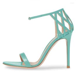 Sandals Turquoise Leather Patchwork Stiletto Heel Ankle Strap Cross Hollow Women Summer Dress Shoes Thin Heels