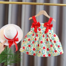 Girls Dresses 2PcsSet Summer Baby Girl Suspender Children Clothes Suit Flower Bow Fashion Toddler Kids Costume Send Hat 0 To 3 Years 230427