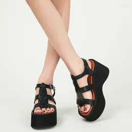 Sandals Black Heels Platforms Women Wedge Shoes Punk T Belt Wedges High 9cm Summer Sandalias De Plataforma